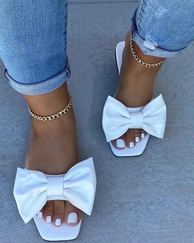 Bowknot Decor Square Toe Flat Slippers