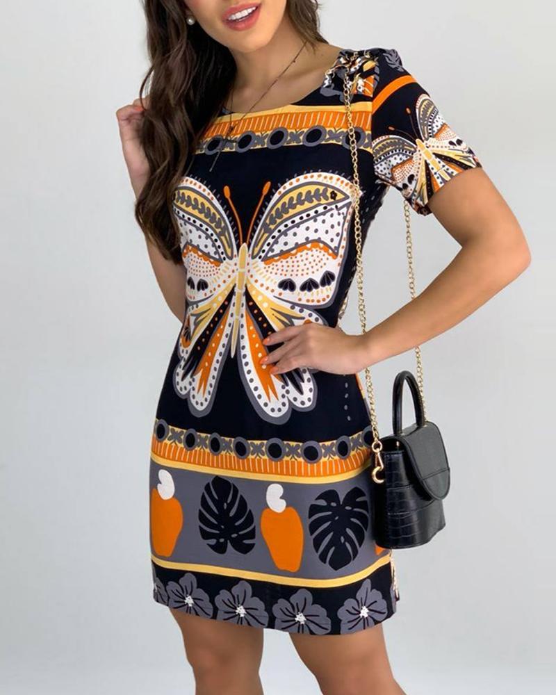 Color Block Butterfly Print Short Sleeve Mini Dress