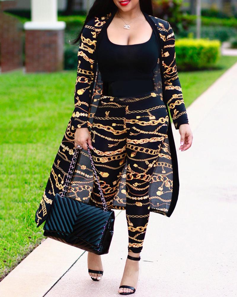 Plus Size Chain Print Open Front Longline Top & Pants Set