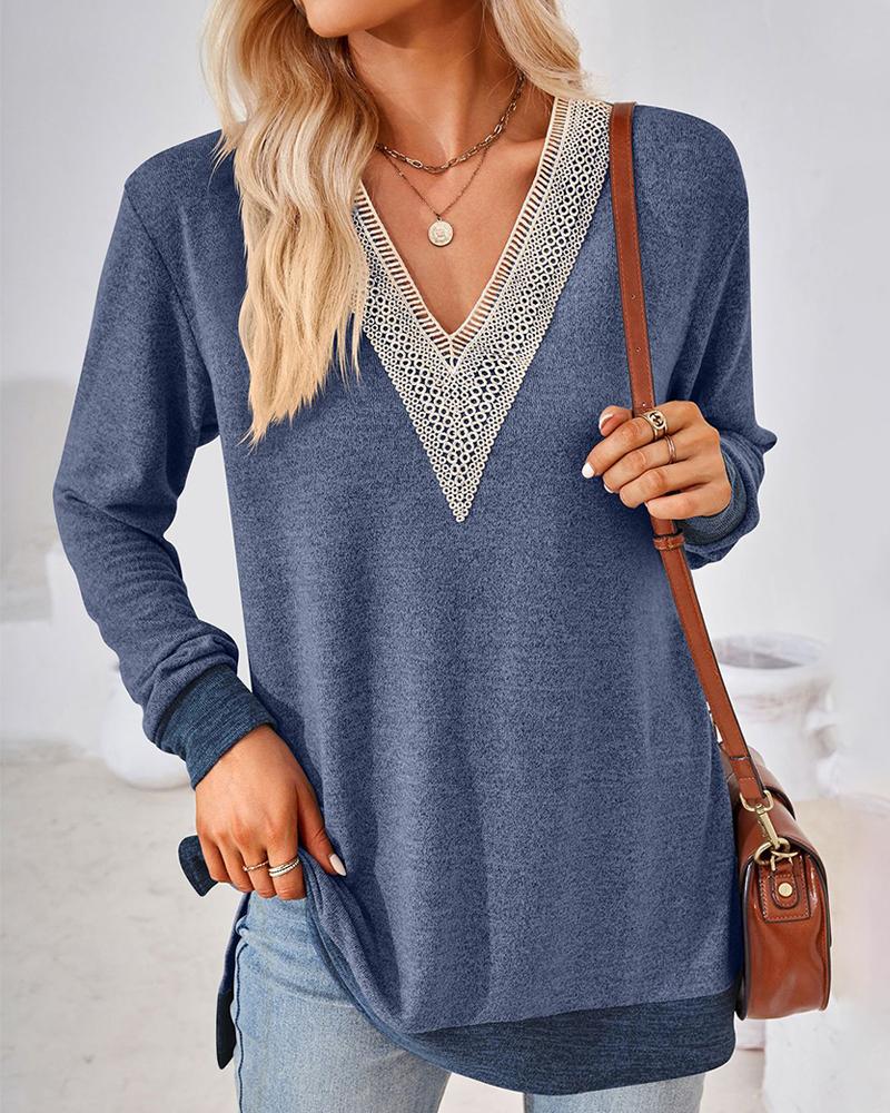 Contrast Lace Hollow-out Slit Casual Top