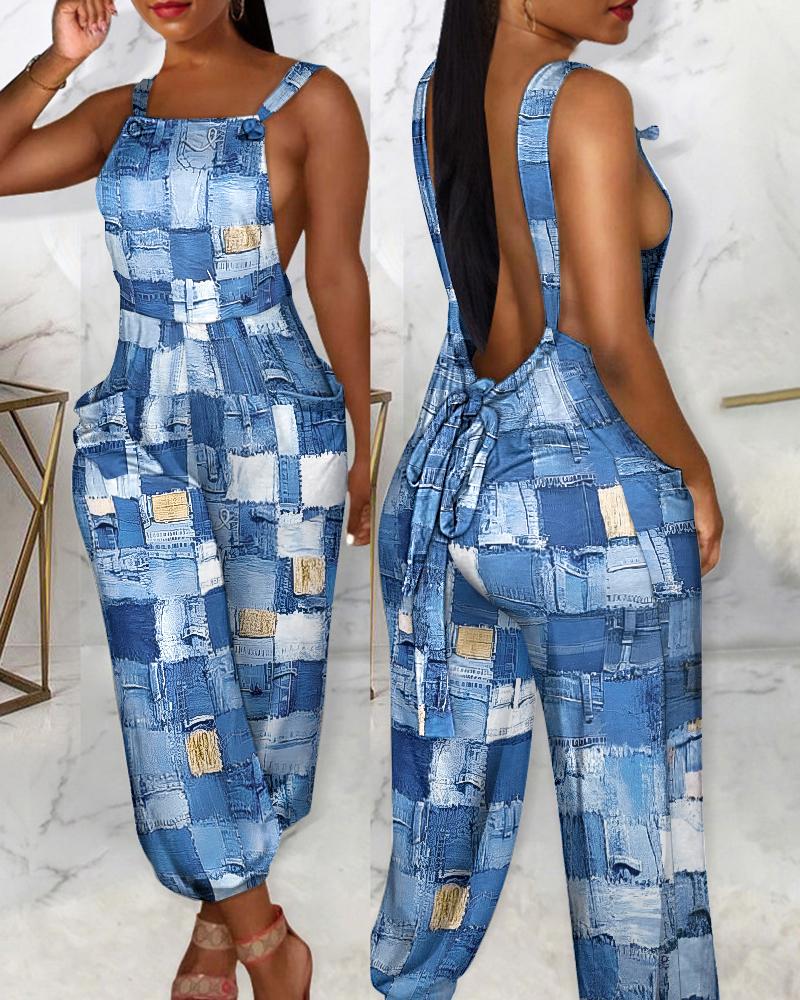 Denim Look Print Backless Suspender Jumpsuit