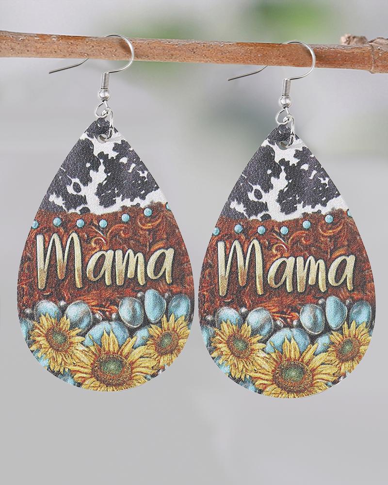 1Pair Mother's Day Mama Sunflower Print Cowboy Style Waterdrop Earrings