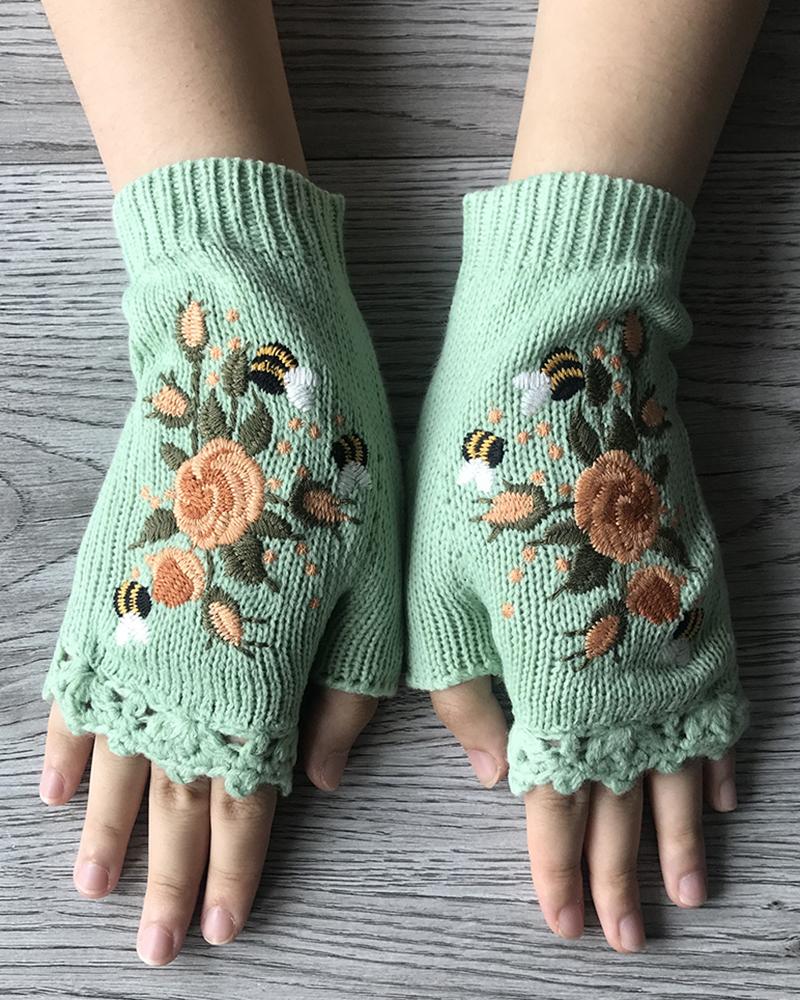 1Pair Floral Embroidery Hollow Out Fingerless Knit Gloves