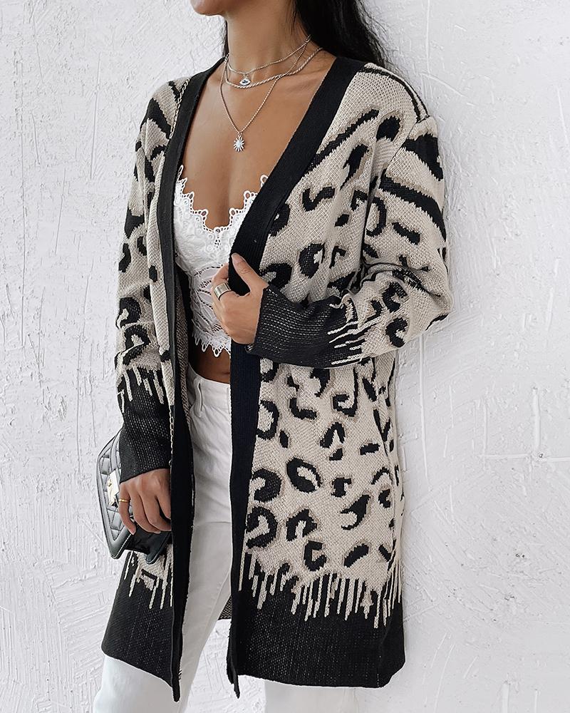 Leopard Pattern Open Front Longline Knit Cardigan