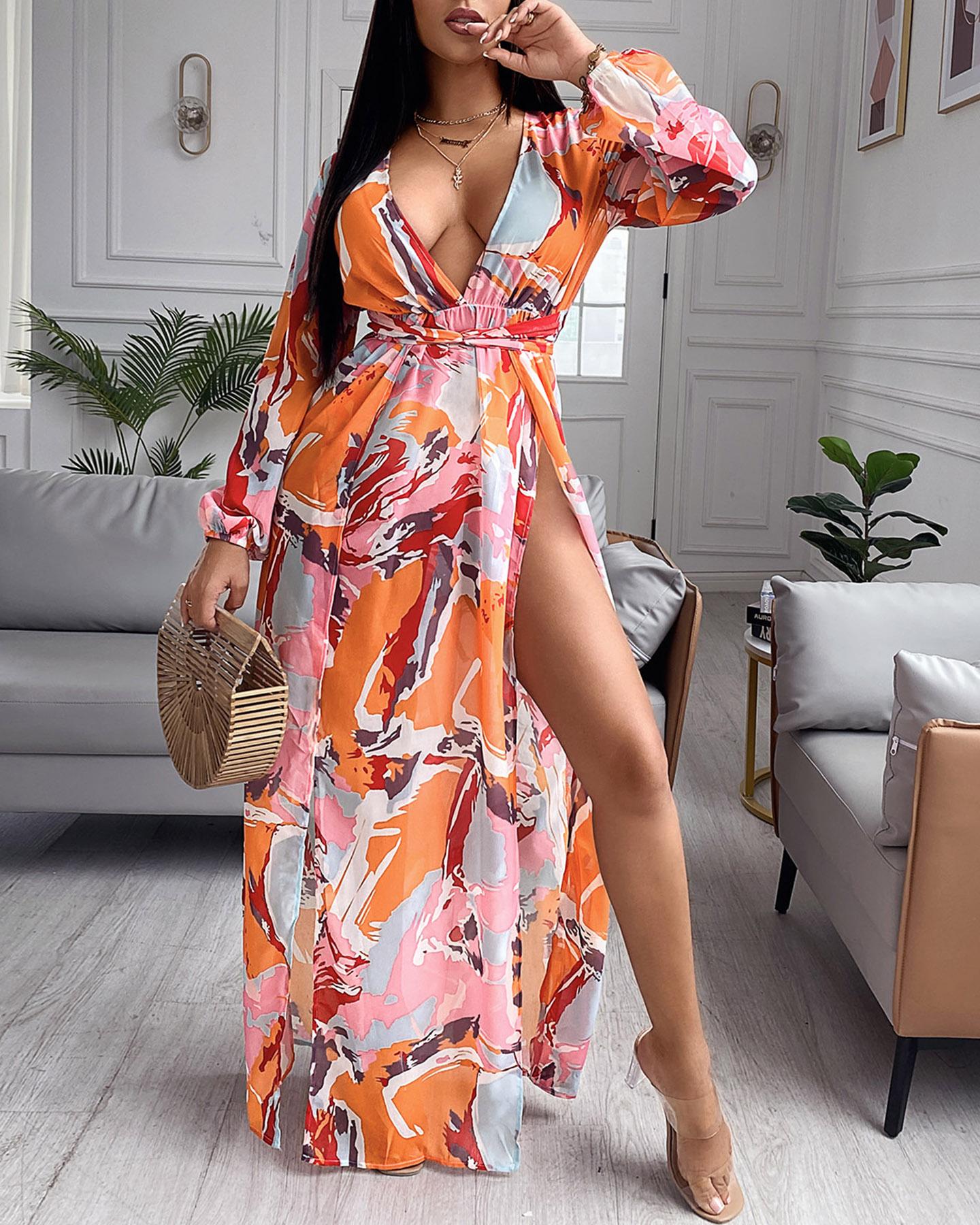 All Over Print High Slit Plunge Lantern Sleeve Maxi Dress