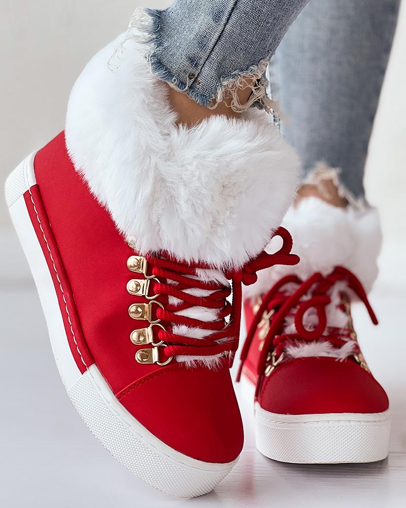   ChicMe Lace-up Fuzzy Detail Lined Ankle Boots