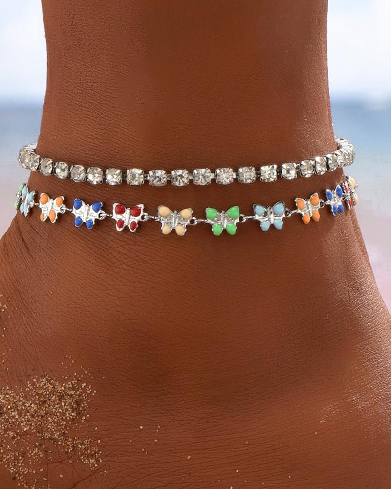   ChicMe 2pcs Butterfly Faux Zircon Beaded Anklets Set