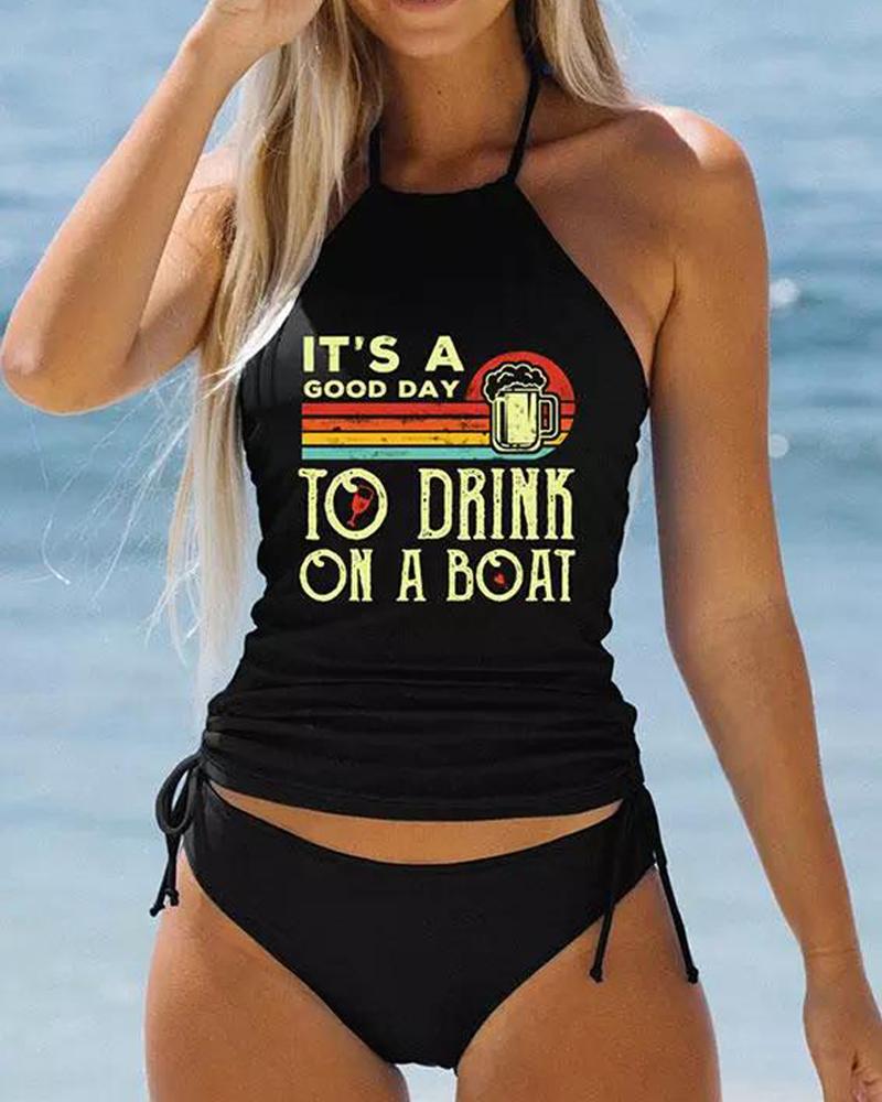 It's A Good Day To Drink On A Boat Print Drawstring Halter Tankini Set