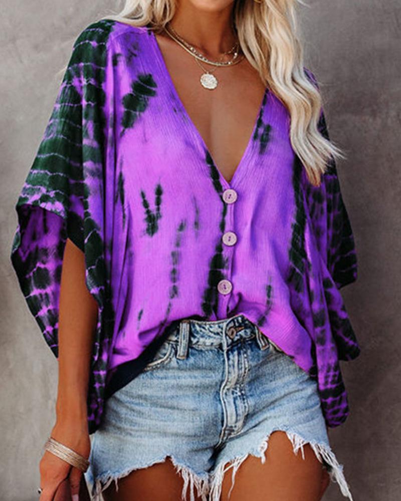 Tie Dye Print Batwing Sleeve V-Neck Top