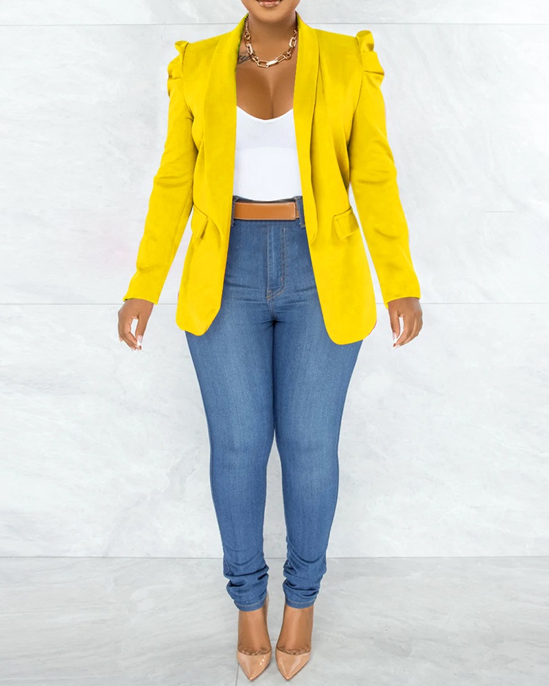 Shawl Collar Puff Sleeve Pocket Design Blazer Coat