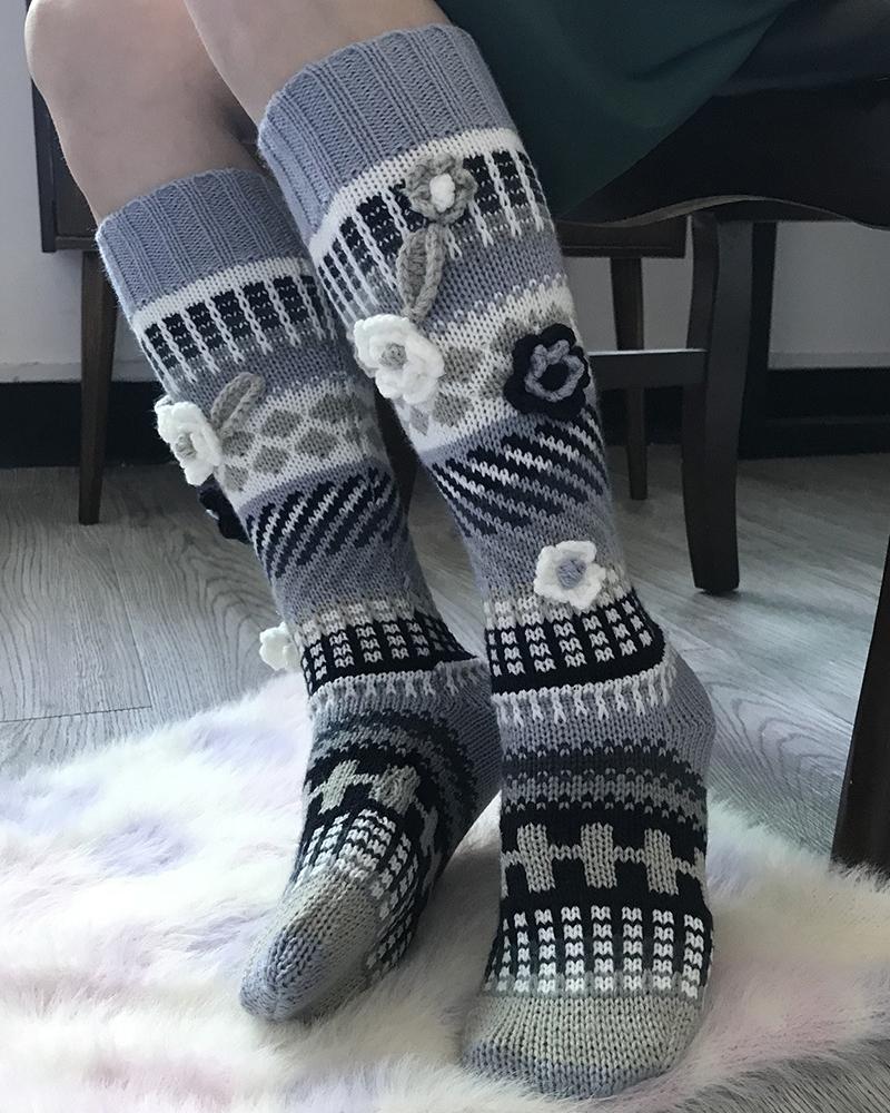 1Pair Floral Geometric Pattern Knit Floor Socks