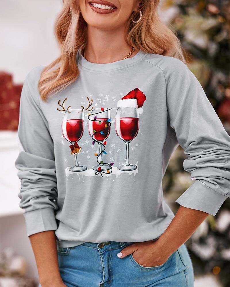 Christmas Hat Wine Glass Print Long Sleeve Top