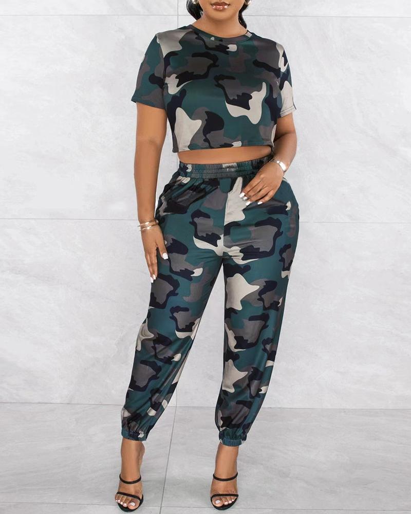 Camouflage Print Short Sleeve Top & Pants Set