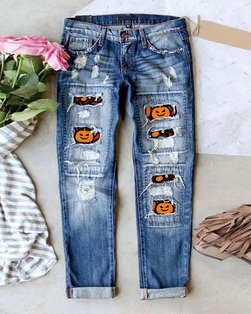 Halloween Pumpkin Print Ripped Straight Leg Jeans