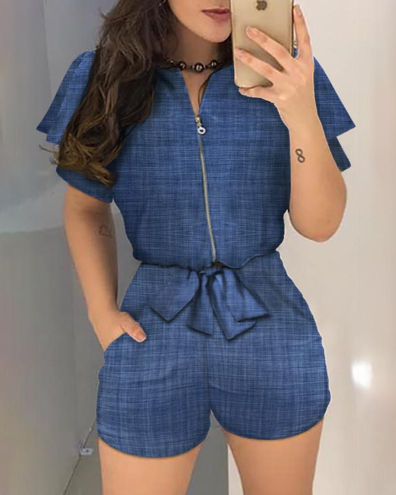 Denim Look Print Zipper Design Top & Shorts Set