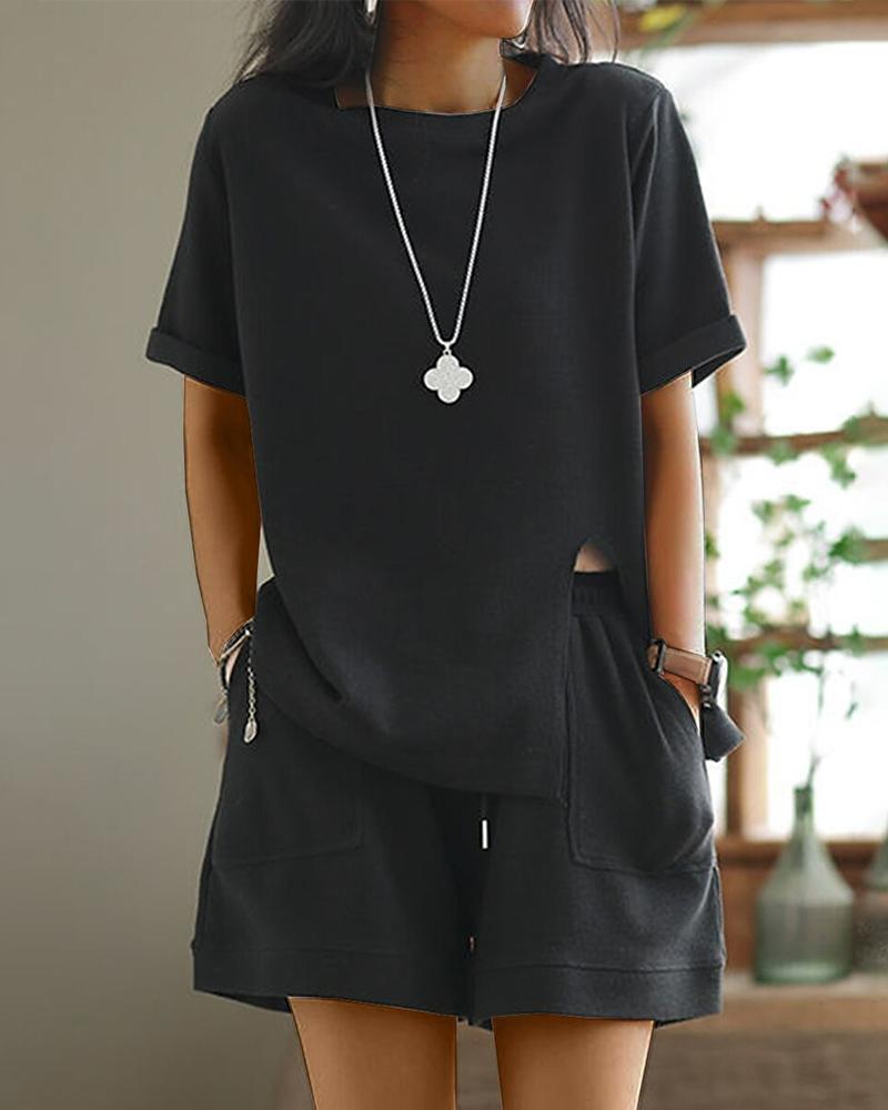 Round Neck Slit Top & Pocket Design Shorts Set