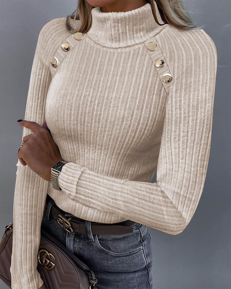 High Neck Buttoned Ribbed Top