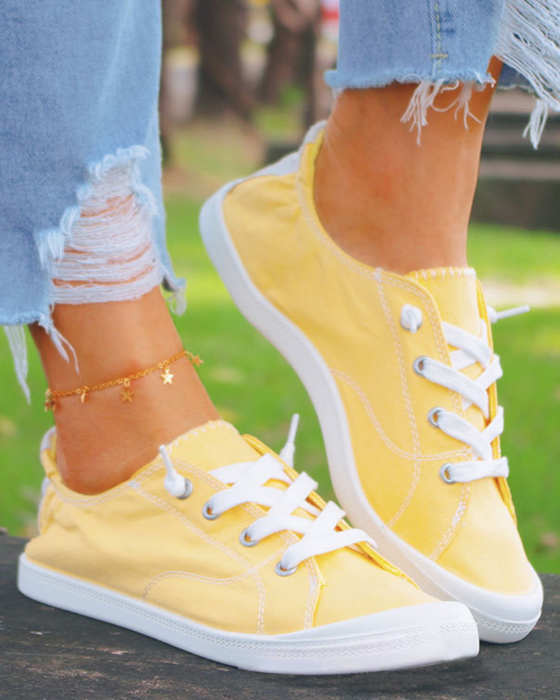 Contrast Paneled Lace-Up Canvas Sneakers