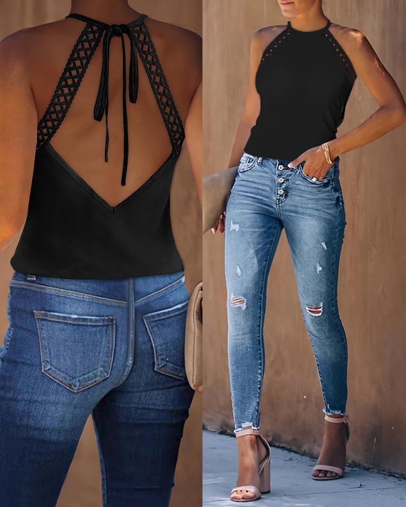 Lace Patch Backless Tied Detail Top