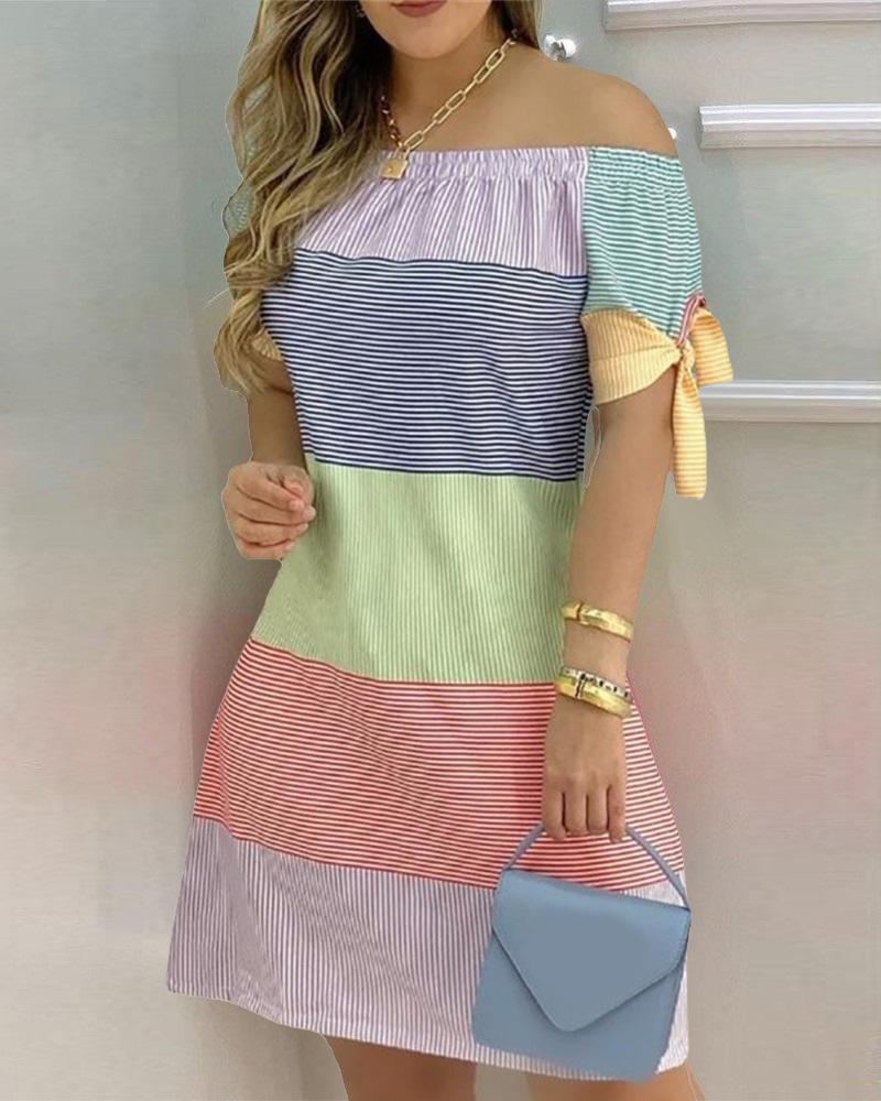 Plus Size Colorblock Striped Print Off Shoulder Casual Dress