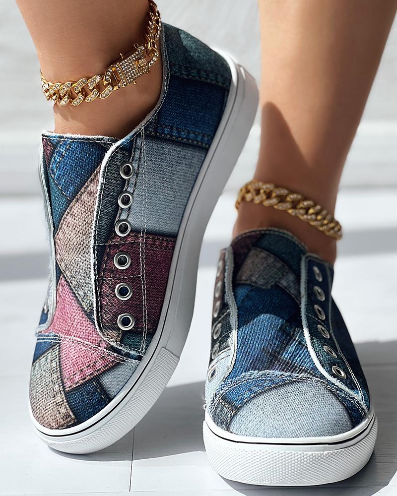 Denim Look Print Eyelet Slip-on Sneakers