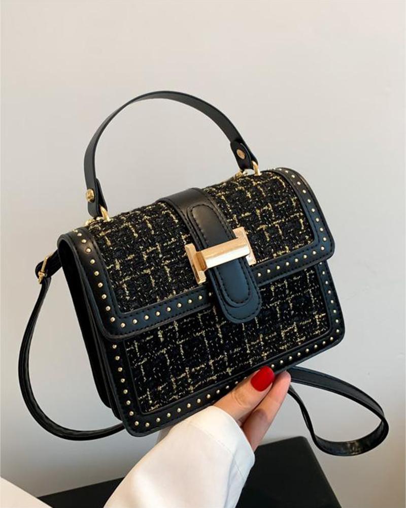 Trendy Tweed Studded Crossbody Shoulder Bag