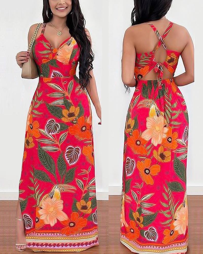 Tropical Print Crisscross Backless Maxi Dress