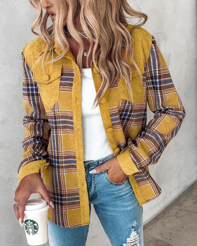 Colorblock Plaid Print Buttoned Corduroy Shacket