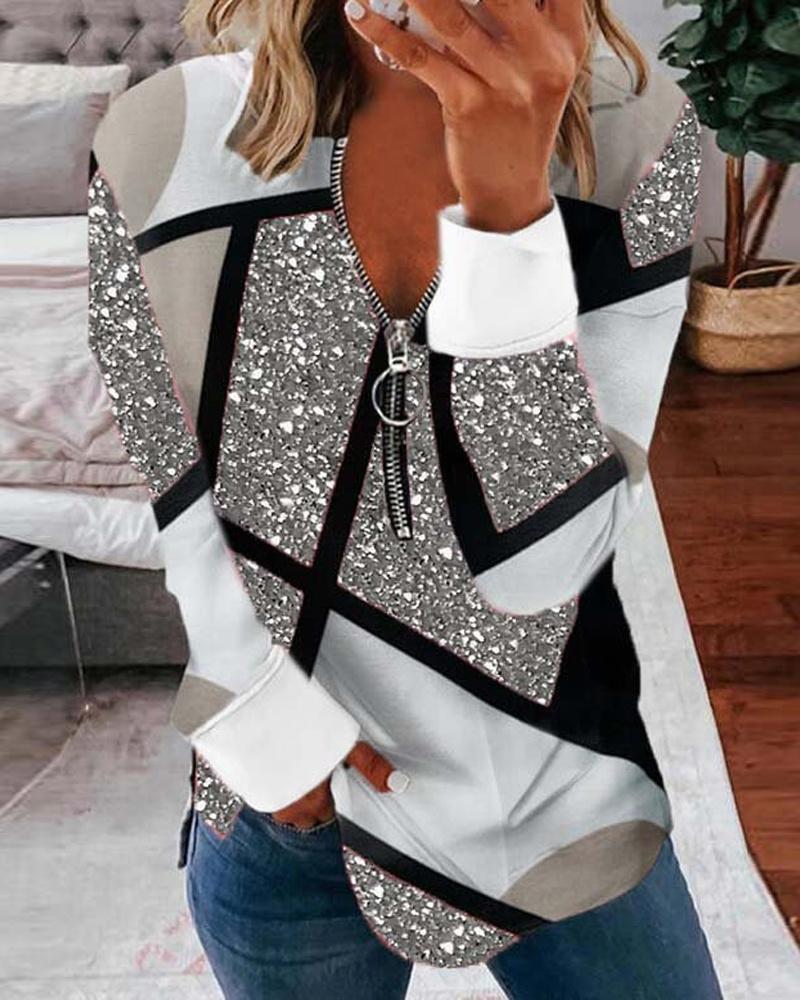 Geometric Print Zipper Design Long Sleeve Top