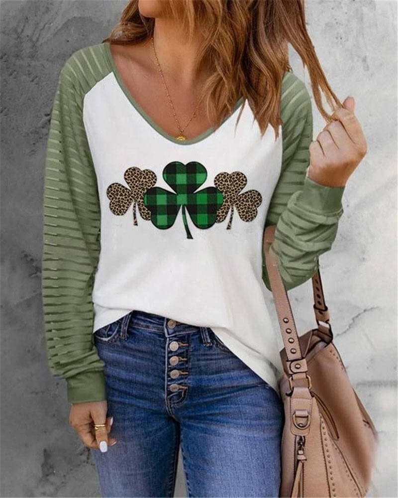St. Patrick's Day Clover Print Long Sleeve V-Neck Top