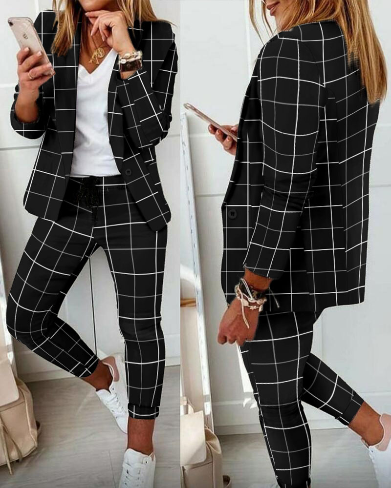 blazer set Plaid Print Blazer & Drawstring Pants Set