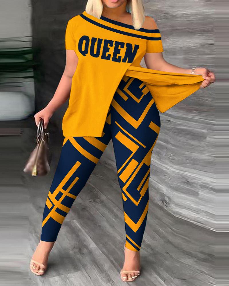 Plus Size Queen Geometric Print Split Hem Top & Pants Set