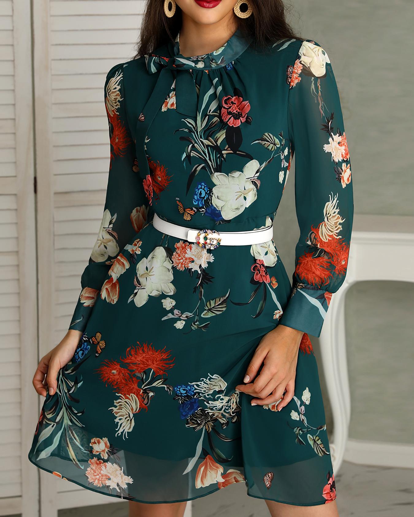 Floral Print Tie Neck Long Sleeve Casual Dress
