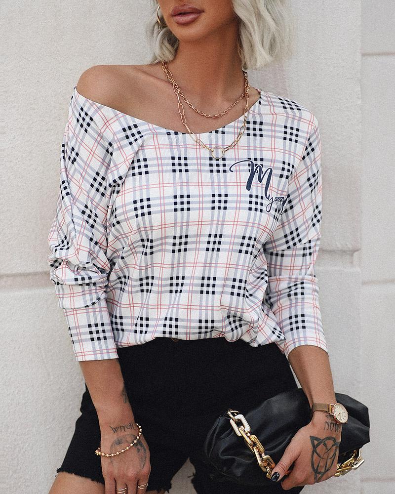 Plaid Print V-Neck Long Sleeve Top