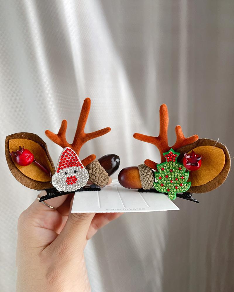 2pcs Christmas Rhinestone Antler Decor Hair Clip