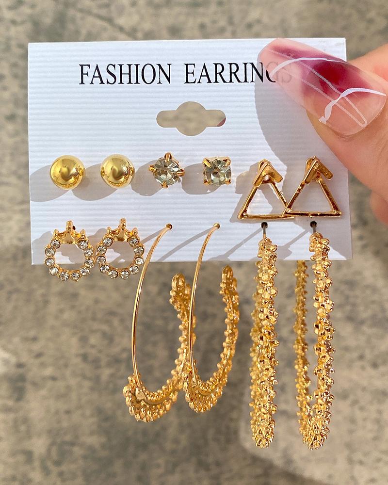 6Pairs Crown Hollow Out Geometric Trendy Stud Hoop Earrings Set