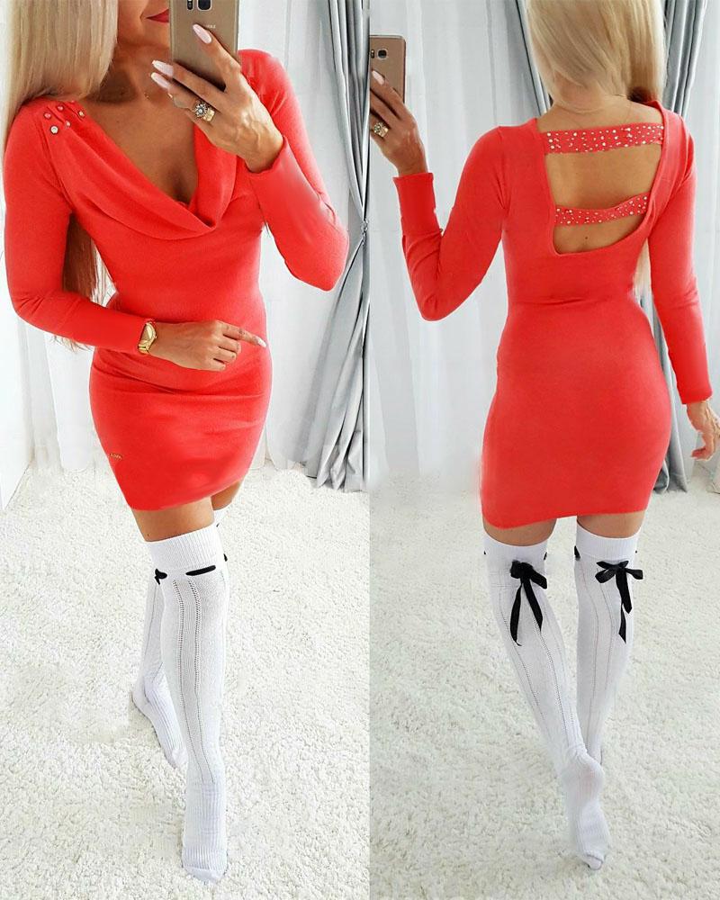 Rhinestone Decor Backless Long Sleeve Bodycon Dress