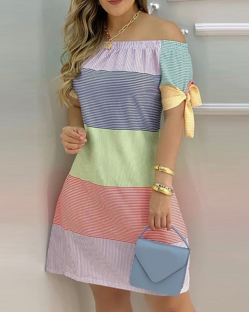 Striped Print Colorblock Off Shoulder Casual Dress