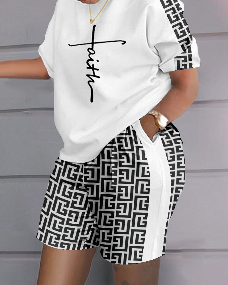 Plus Size Faith Geometric Print Casual Top & Shorts Set