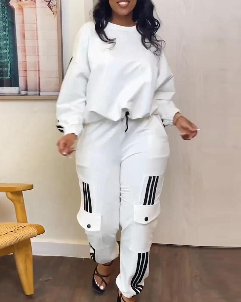 Striped Drawstring Top & Cuffed Pants Set