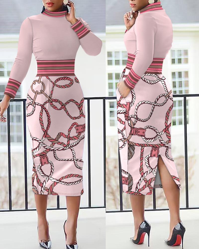 Striped Chain Print Long Sleeve Slit Dress