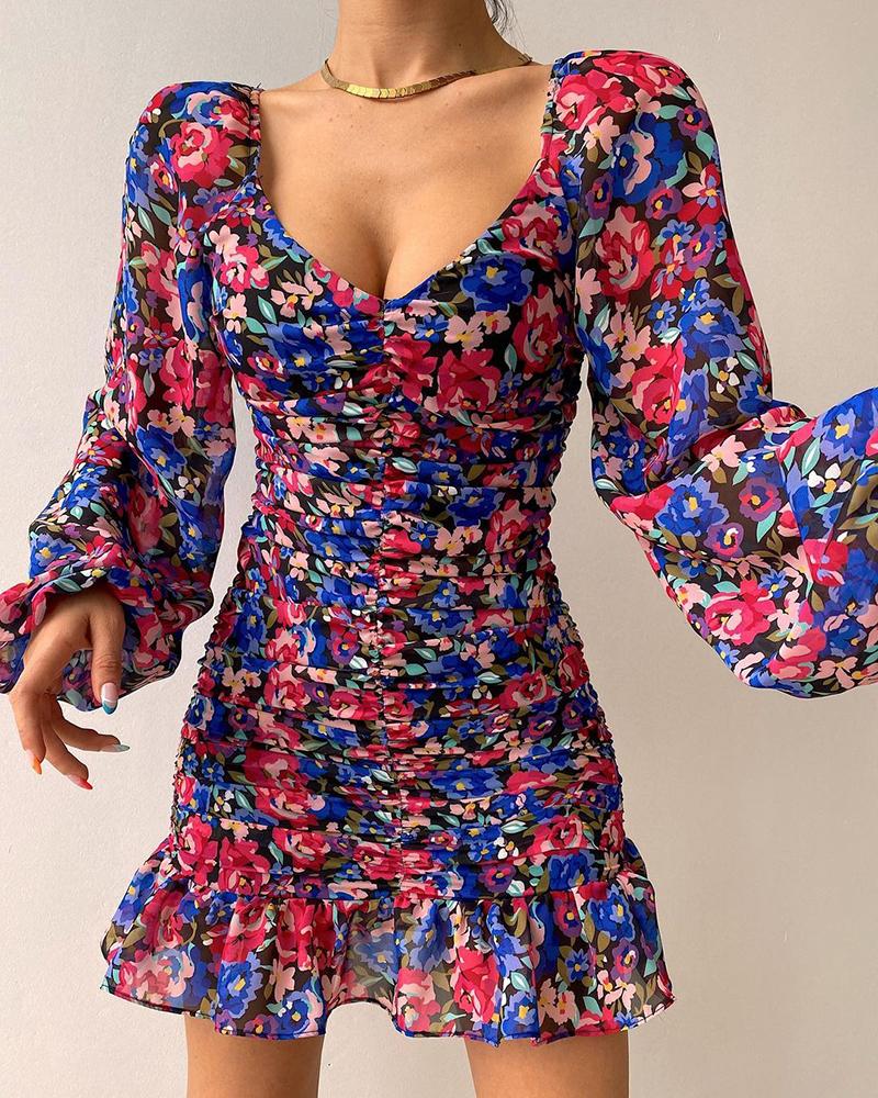 Lantern Sleeve Ruffles Ditsy Floral Print Dress