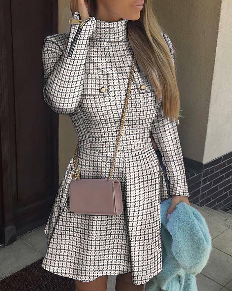 Plaid Zipper Pocket Design Long Sleeve Dress