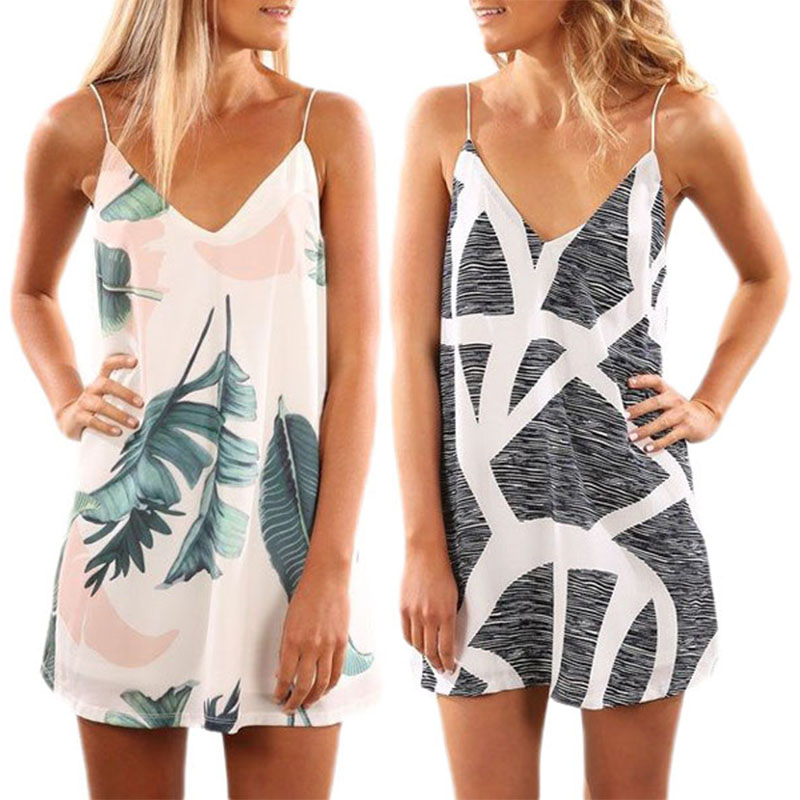 Stylish Plant Print Double V Mini Slip Dress