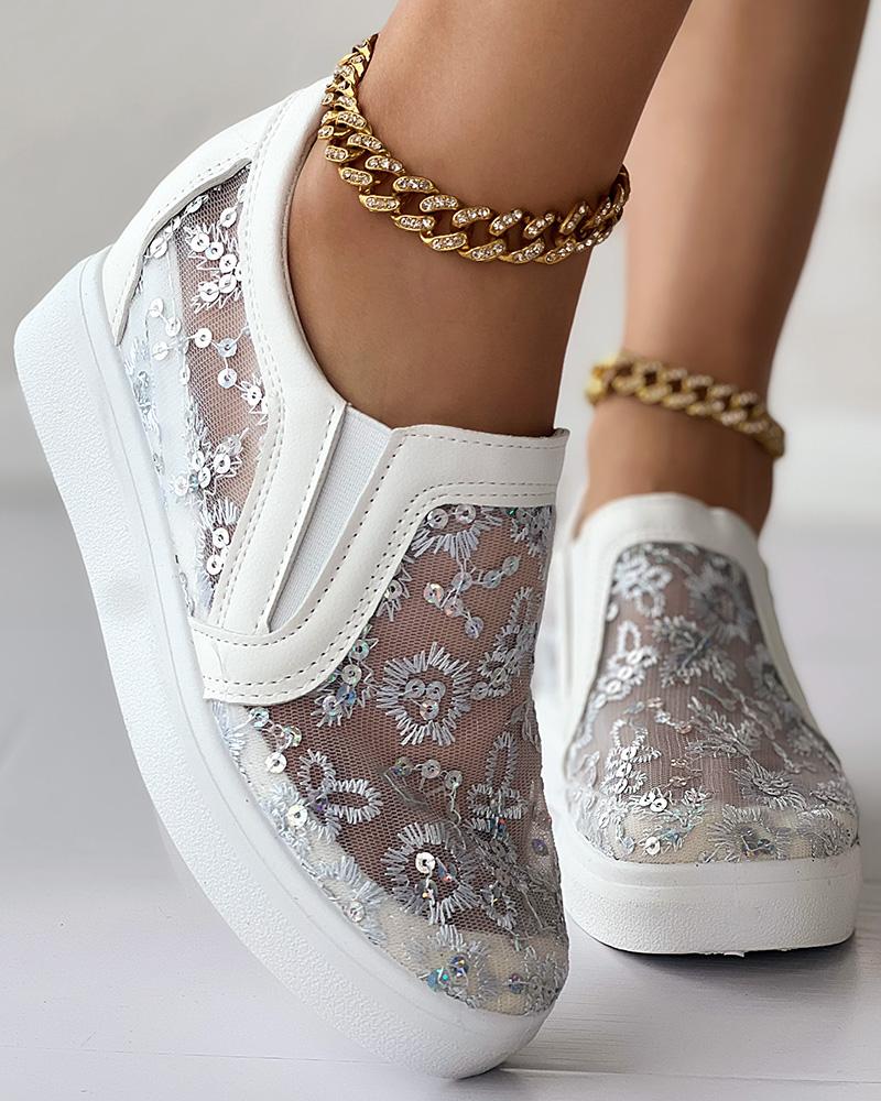 Floral Embroidery Mesh Patch Slip On Platform Loafers