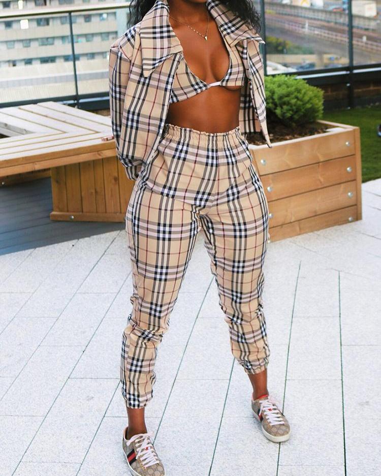 3PCS Plaid Print Bra Top & Jacket & Pants Sets