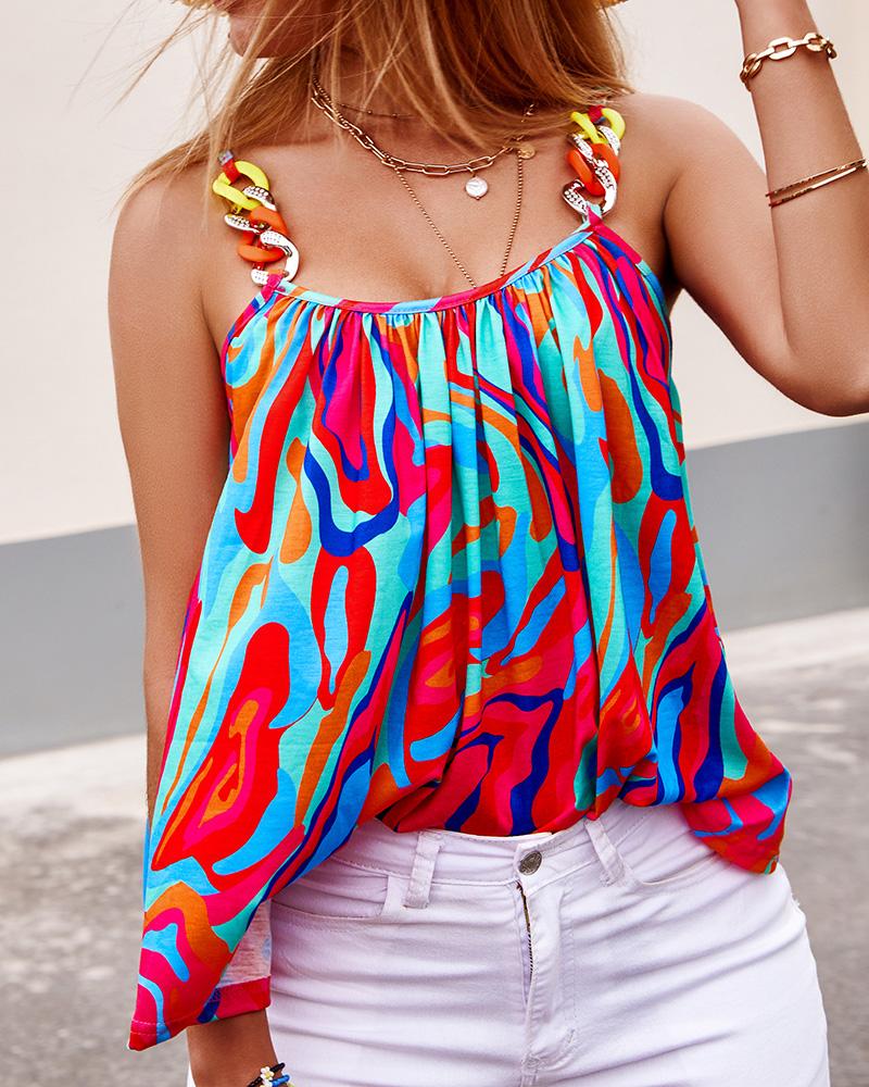 Multi-Color Abstract Print Chain Decor Flowy Cami Top