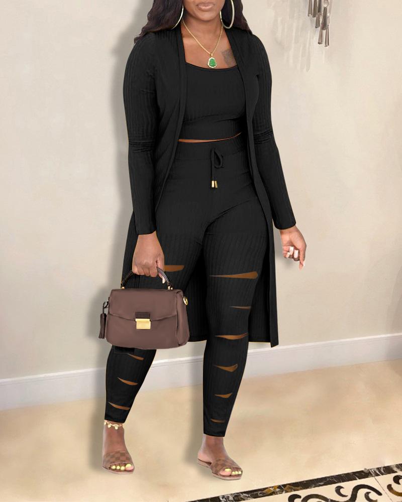 3PCS Ribbed Cami Top & Ladder Cutout Pants Set With Coat