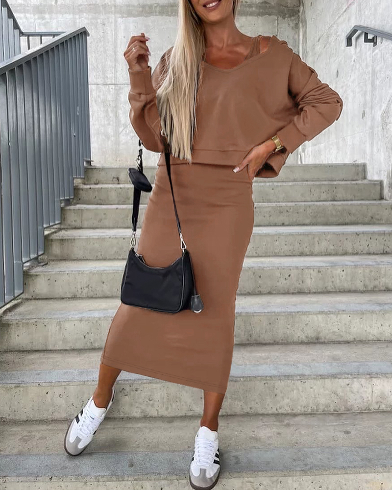 Deep V-Neck Top & Sleeveless Dress Set