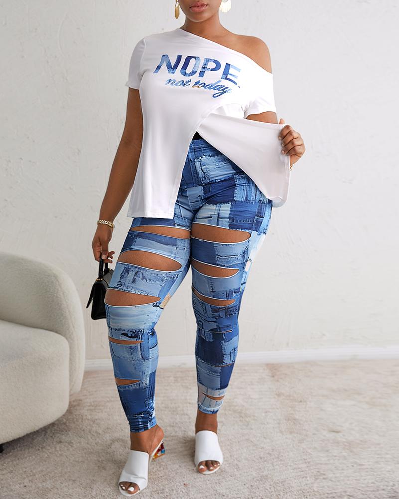 Plus Size Nope Not Today Slogan Denim Look Print Split Hem Top & Pants Set